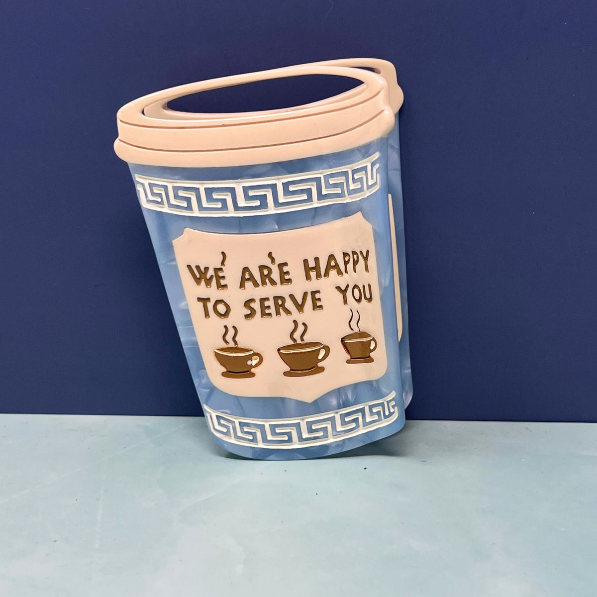 NYC Coffee Cup Hair Claw Clip – “We Are Happy to Serve You” Blue Greek