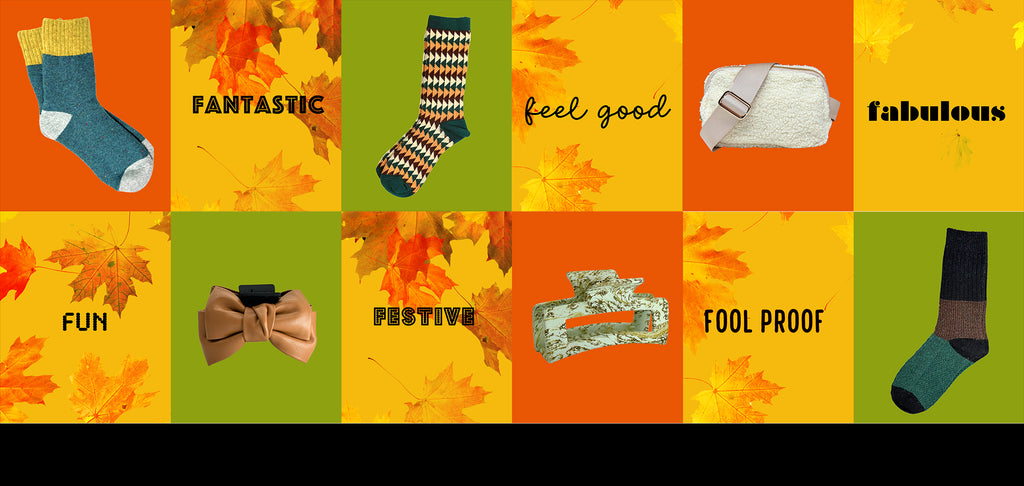 grid of products (socks, hair claws, bag) on orange, gold, and lime green squares with leaves in the background and the words fantastic, feel good, fabulous, fun, festive, fool proof