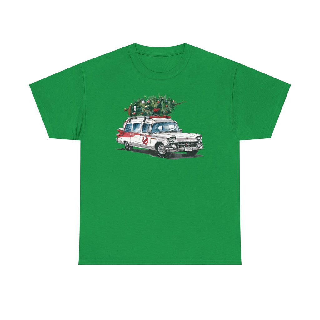 Ghostbusters Christmas Car T-Shirt – Festive Holiday Tee with Ecto-1 and Tree