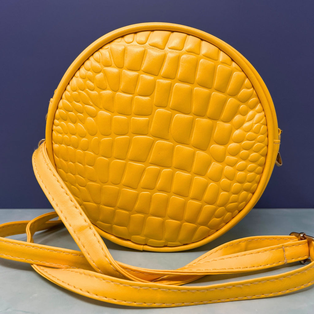 Croc-Embossed Round Crossbody Bag – Bold Textured Circle Purse in Blue, Yellow, Green, or White