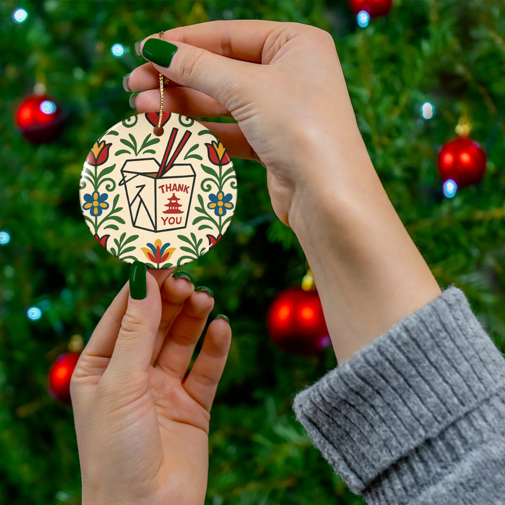 Ceramic ornament featuring a classic Chinese takeout box with chopsticks and “Thank You” text surrounded by colorful folk floral patterns.