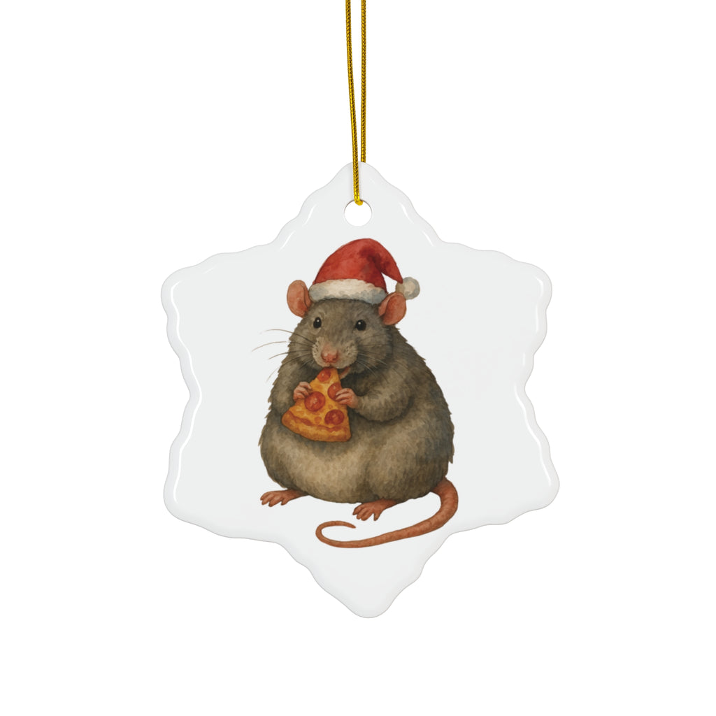 Pizza Rat ceramic Christmas ornament featuring New York City’s iconic rat holding a slice of pizza in holiday design