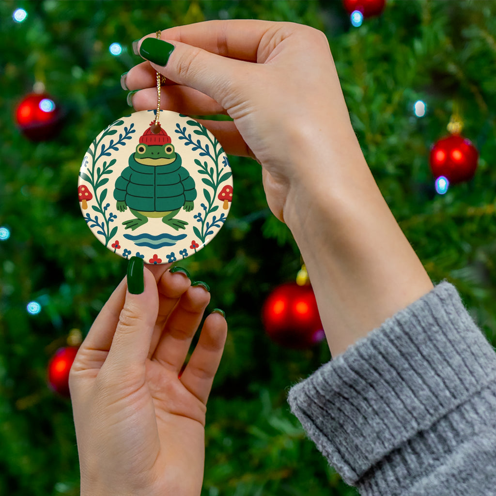 Frog Ceramic Ornament, Cute Christmas Tree Decoration, Holiday Gift, Festive Decor, Animal Lover Ornament, Winter Decor