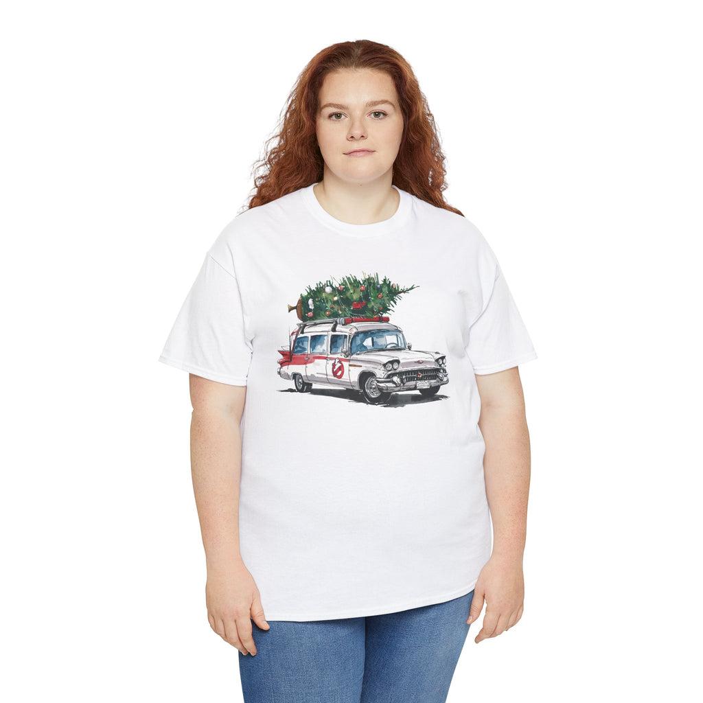 Ghostbusters Christmas Car T-Shirt – Festive Holiday Tee with Ecto-1 and Tree