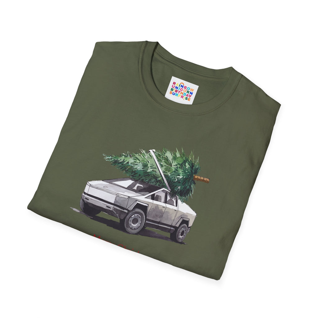 Cybertruck Christmas Tree Hauling Unisex Softstyle T-Shirt – Holiday Tech-Inspired Tee