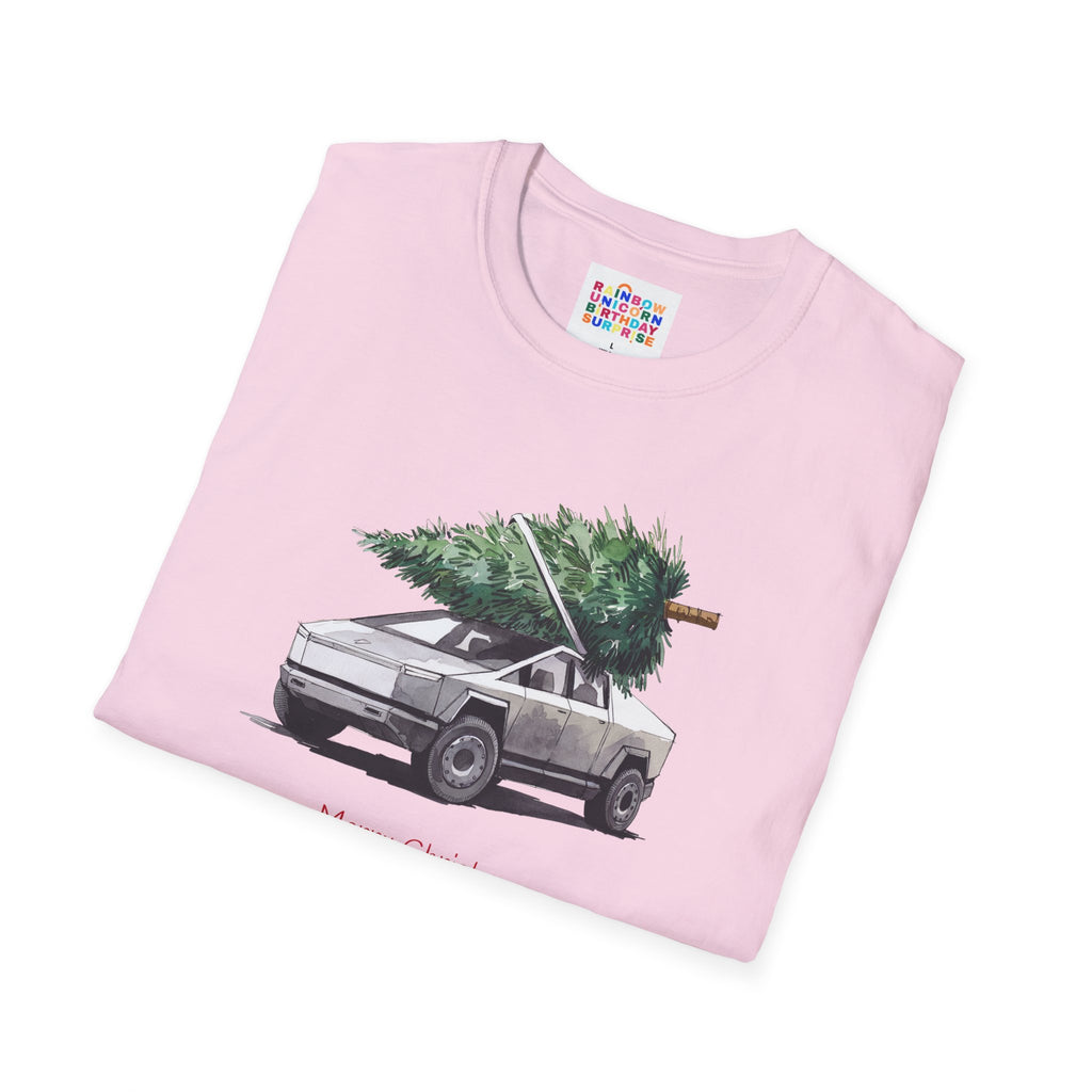 Cybertruck Christmas Tree Hauling Unisex Softstyle T-Shirt – Holiday Tech-Inspired Tee