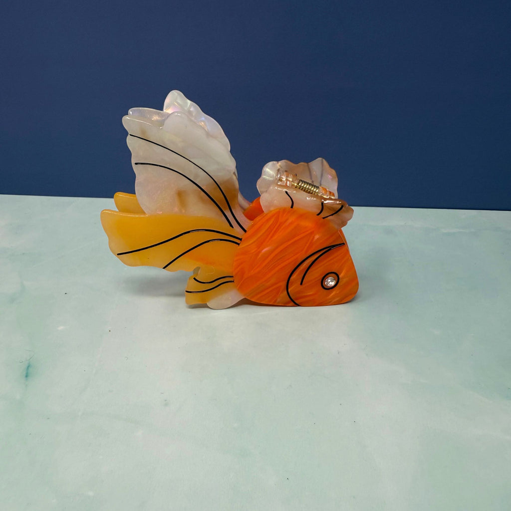 Large orange acetate goldfish hair claw clip with pearlescent tail