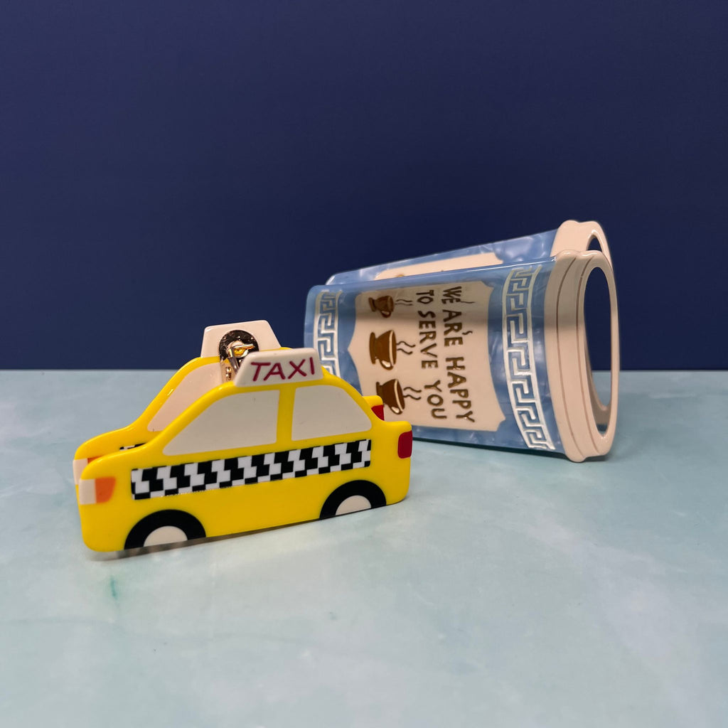 NYC Coffee Cup Hair Claw Clip – “We Are Happy to Serve You” Blue Greek Diner Inspired Accessory