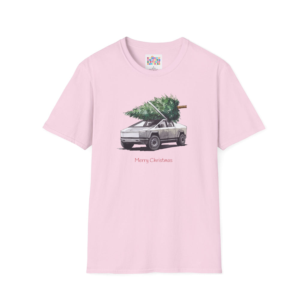 Cybertruck Christmas Tree Hauling Unisex Softstyle T-Shirt – Holiday Tech-Inspired Tee