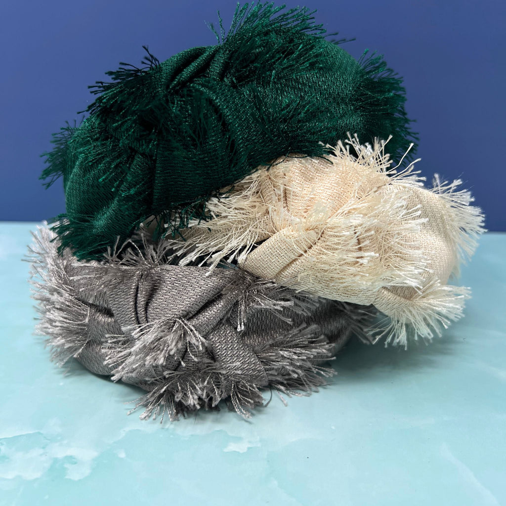 Textured Fringe Penelope Knot Headbands – Emerald, Champagne, Silver