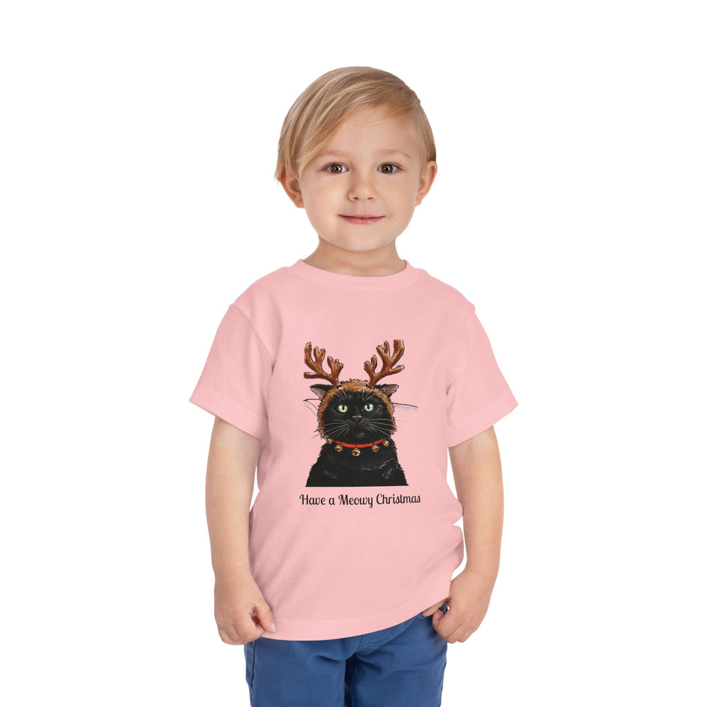 Meowy Christmas Cat Toddler T-Shirt – Festive Holiday Tee with Reindeer Antlers