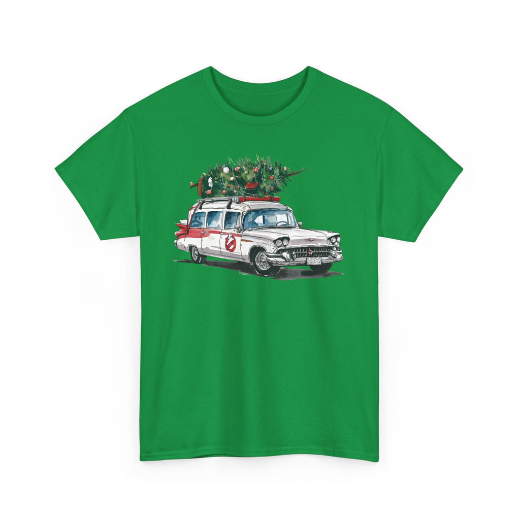 Ghostbusters Christmas Car T-Shirt – Festive Holiday Tee with Ecto-1 and Tree