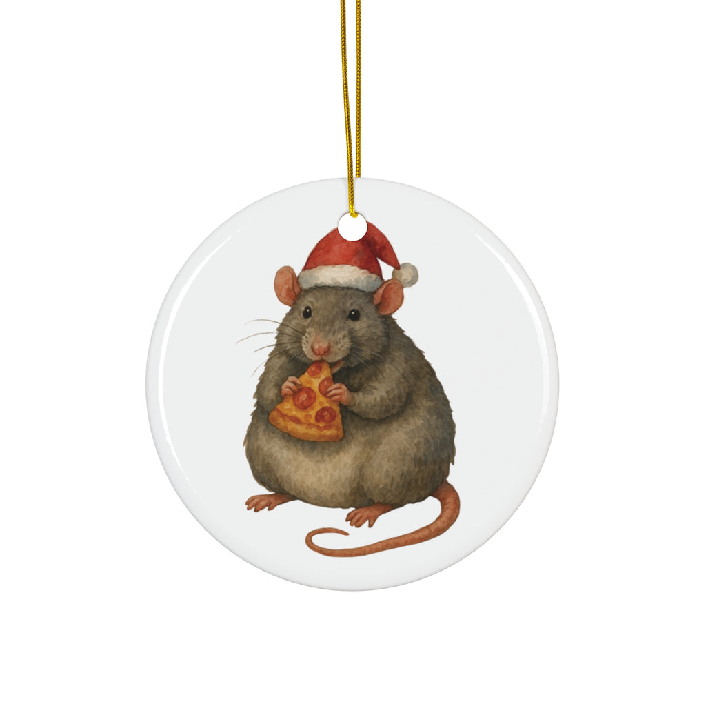 Pizza Rat ceramic Christmas ornament featuring New York City’s iconic rat holding a slice of pizza in holiday design