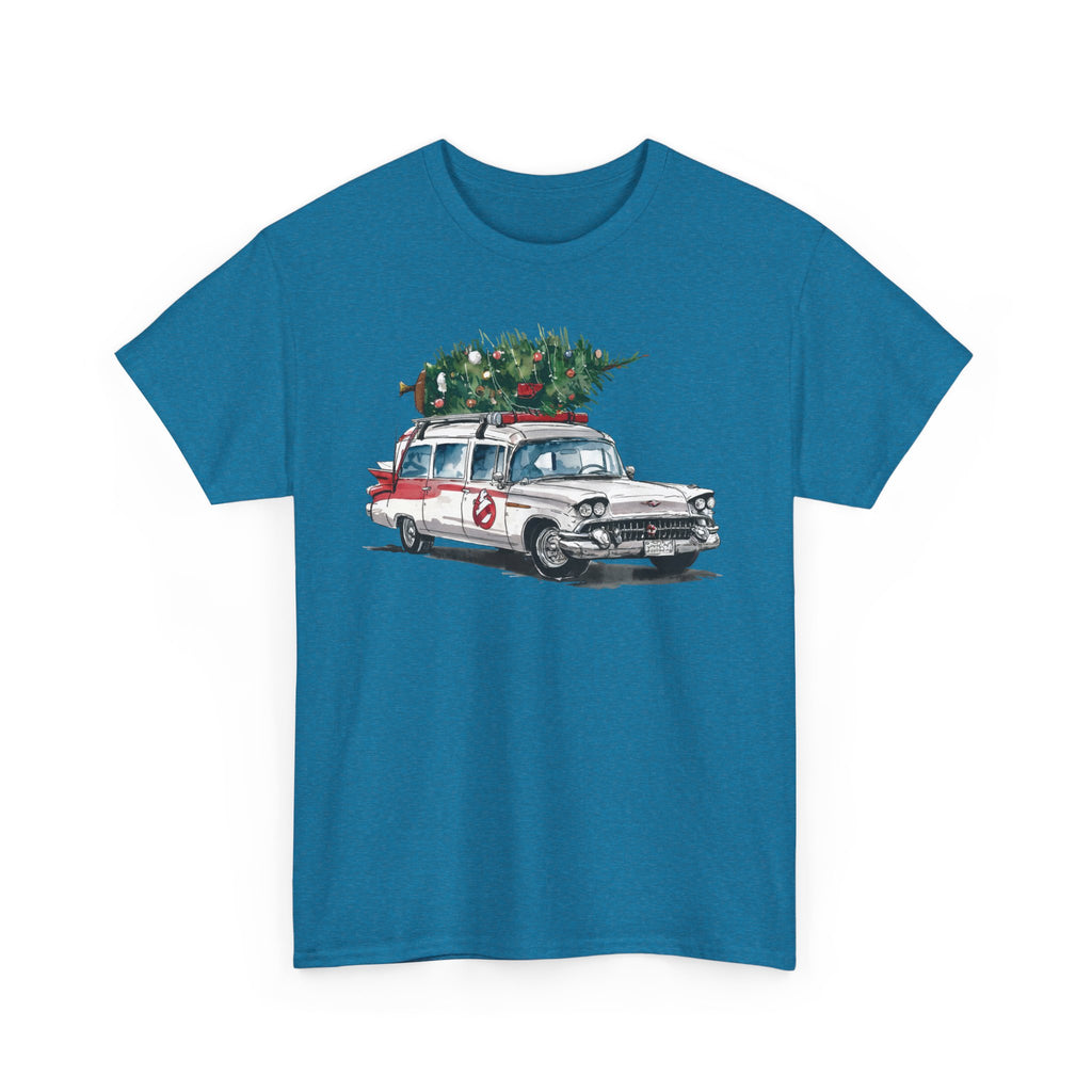 Ghostbusters Christmas Car T-Shirt – Festive Holiday Tee with Ecto-1 and Tree