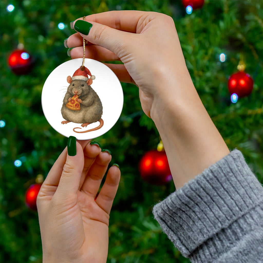 Pizza Rat ceramic Christmas ornament featuring New York City’s iconic rat holding a slice of pizza in holiday design