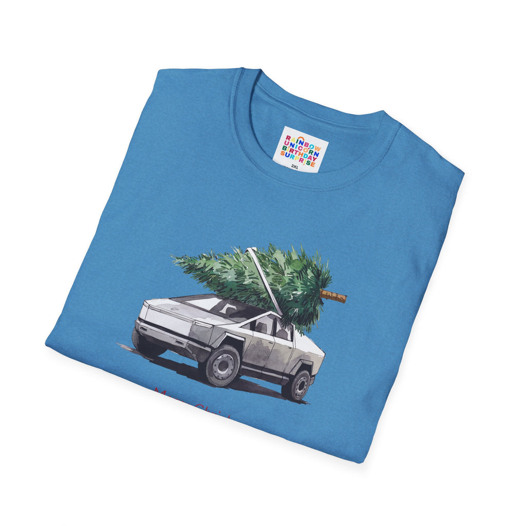 Cybertruck Christmas Tree Hauling Unisex Softstyle T-Shirt – Holiday Tech-Inspired Tee