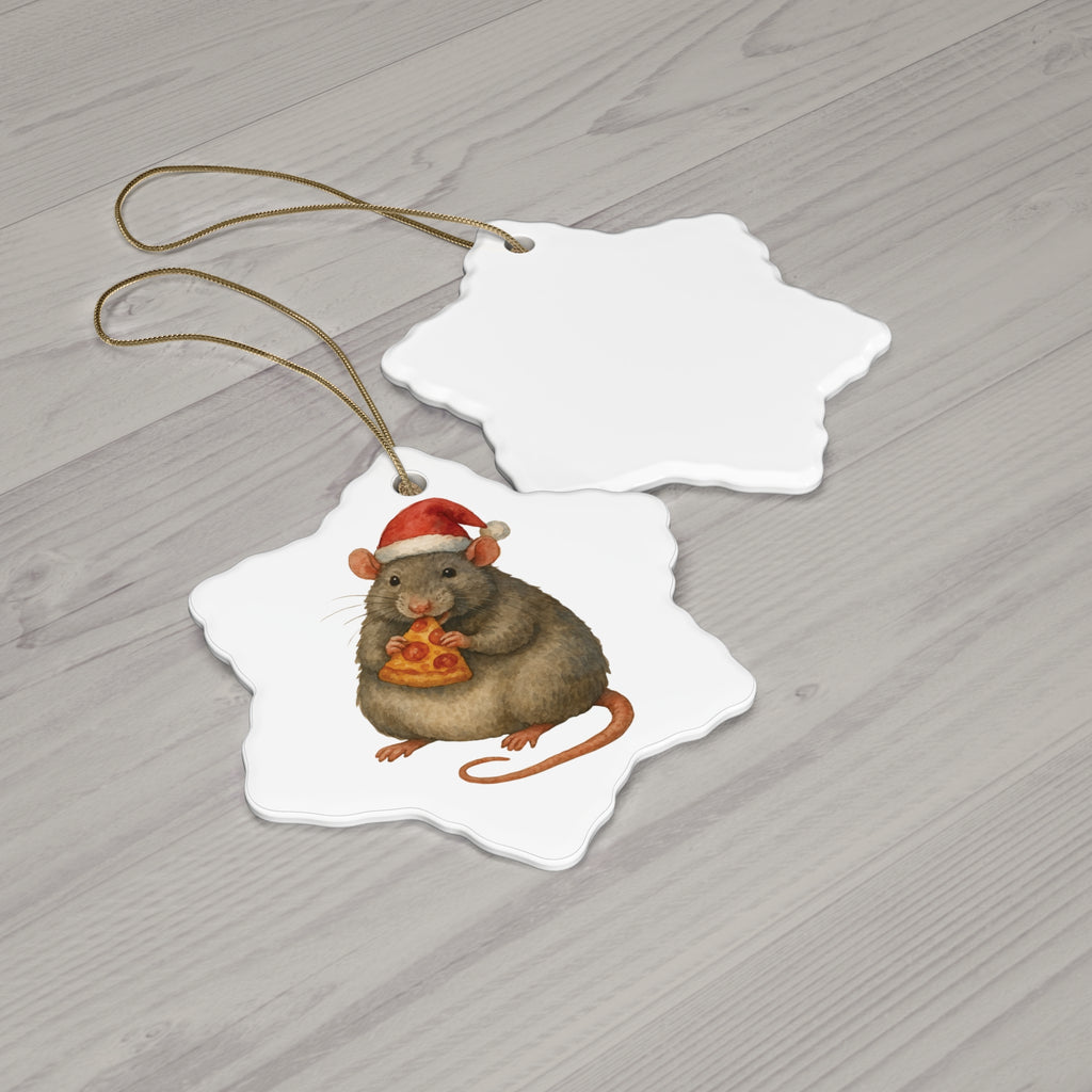 Pizza Rat ceramic Christmas ornament featuring New York City’s iconic rat holding a slice of pizza in holiday design