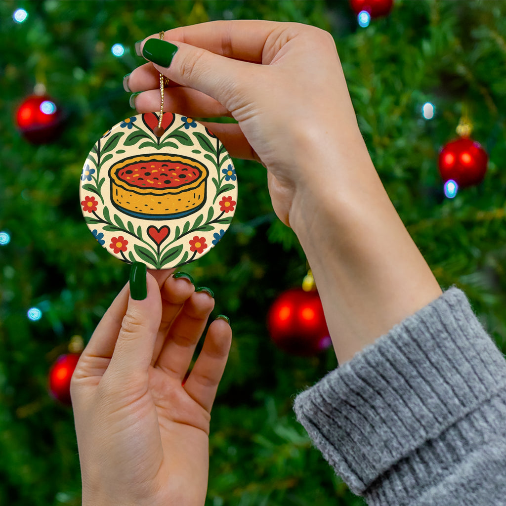 Deep Dish Pizza Ceramic Ornament – Chicago-Style Folk Art Décor