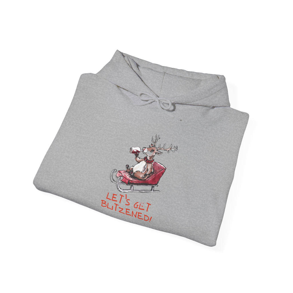 Let’s Get Blitzened Reindeer Holiday Hoodie – Funny Christmas Sweatshirt with Wine & Sled"