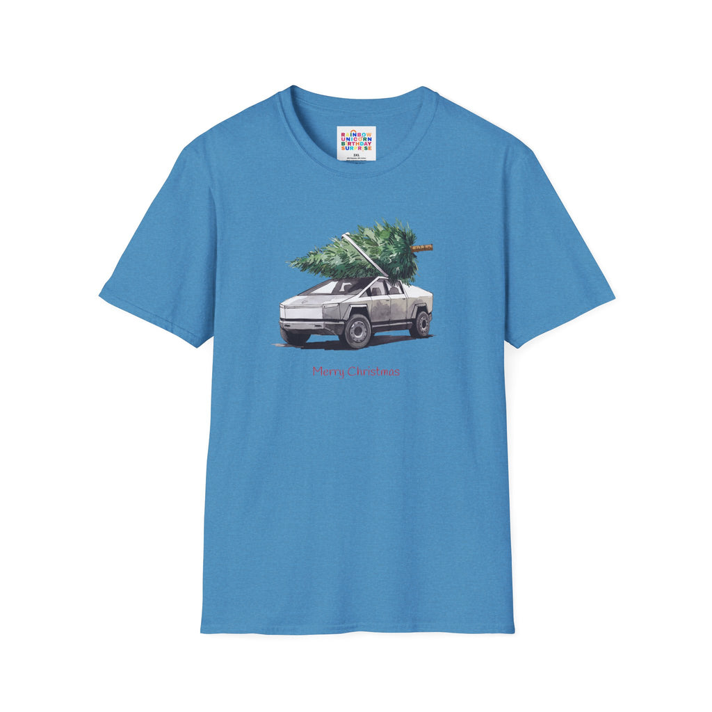 Cybertruck Christmas Tree Hauling Unisex Softstyle T-Shirt – Holiday Tech-Inspired Tee