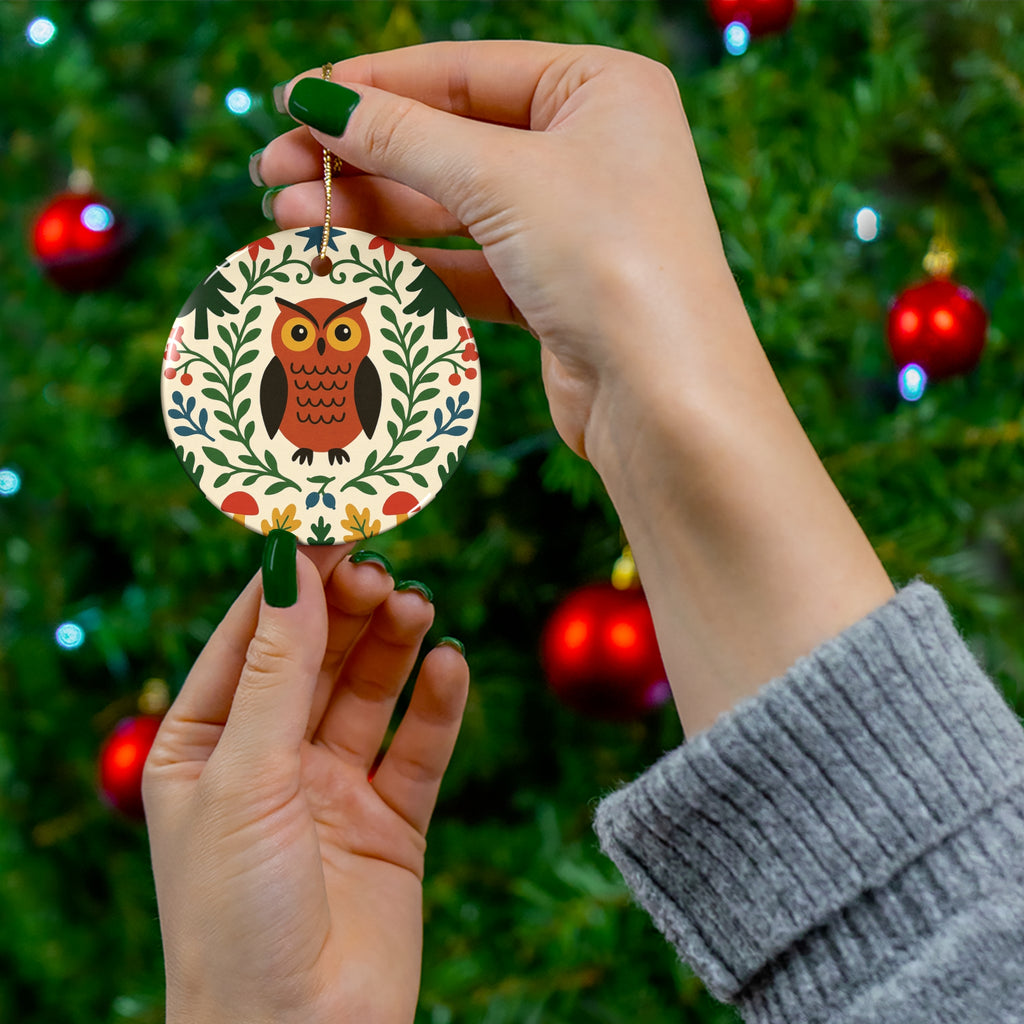 Brown Owl Christmas Ornament – Nordic Folk Art Woodland Bird Ornament, Scandinavian Holiday Decor, Cozy Winter Gift, Ceramic Tree Ornament