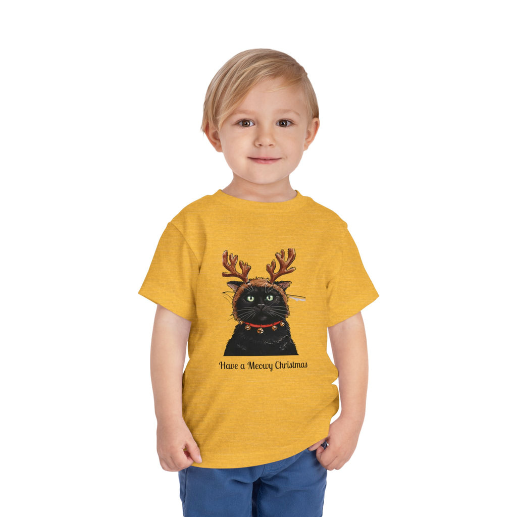 Meowy Christmas Cat Toddler T-Shirt – Festive Holiday Tee with Reindeer Antlers