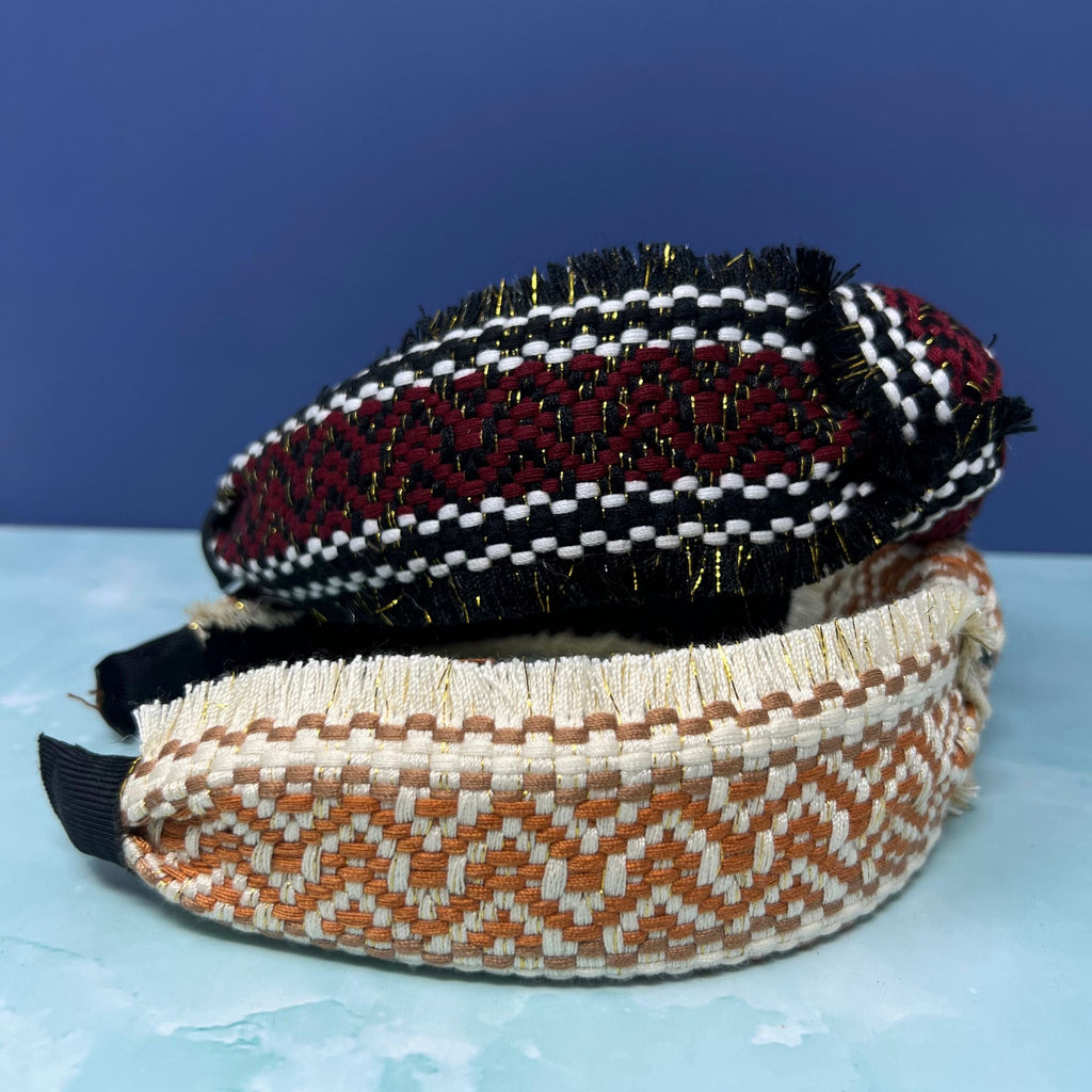 Tweed Woven Topknot Carlotta Headband with Fringe Detail