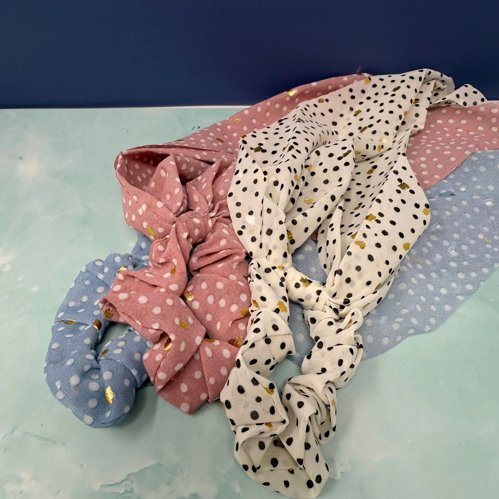 Pink, blue, and white metallic polka dot scarf scrunchies with long tails