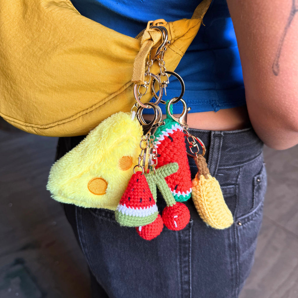 Plush Cheese & Bread Keychain Set – Soft Food-Inspired Bag Charms with Gold Hardware