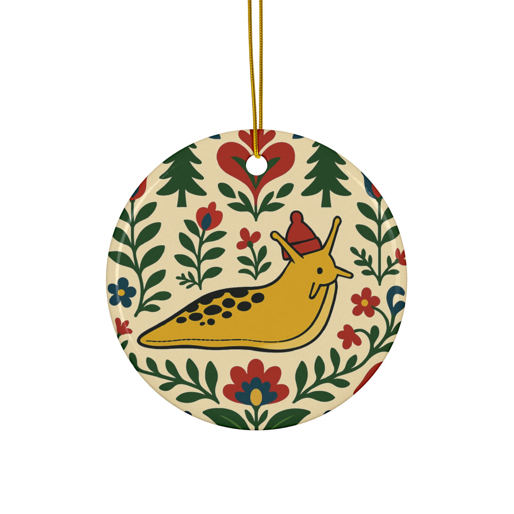 Decorative ornament with a snail and floral design on a beige background