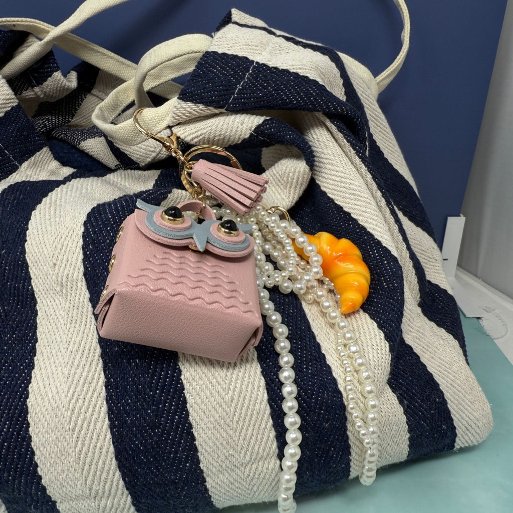 Pink Owl Bag Charm  Kawaii Pearl Chain Accessory, Pastel Purse Charm Gift, Cute Bag Key Ring with Tassel and Owl