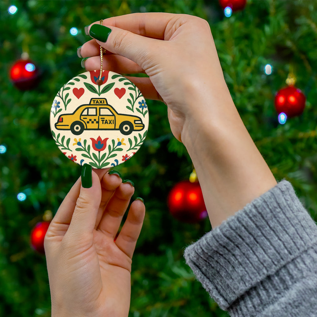 New York Taxi Ceramic Ornament – Iconic NYC Folk Art Holiday Décor