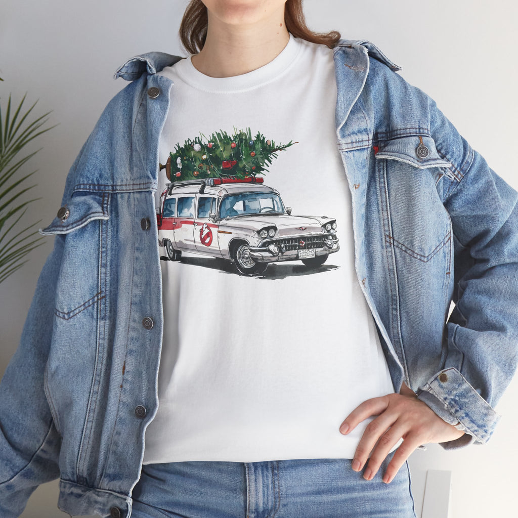 Ghostbusters Christmas Car T-Shirt – Festive Holiday Tee with Ecto-1 and Tree