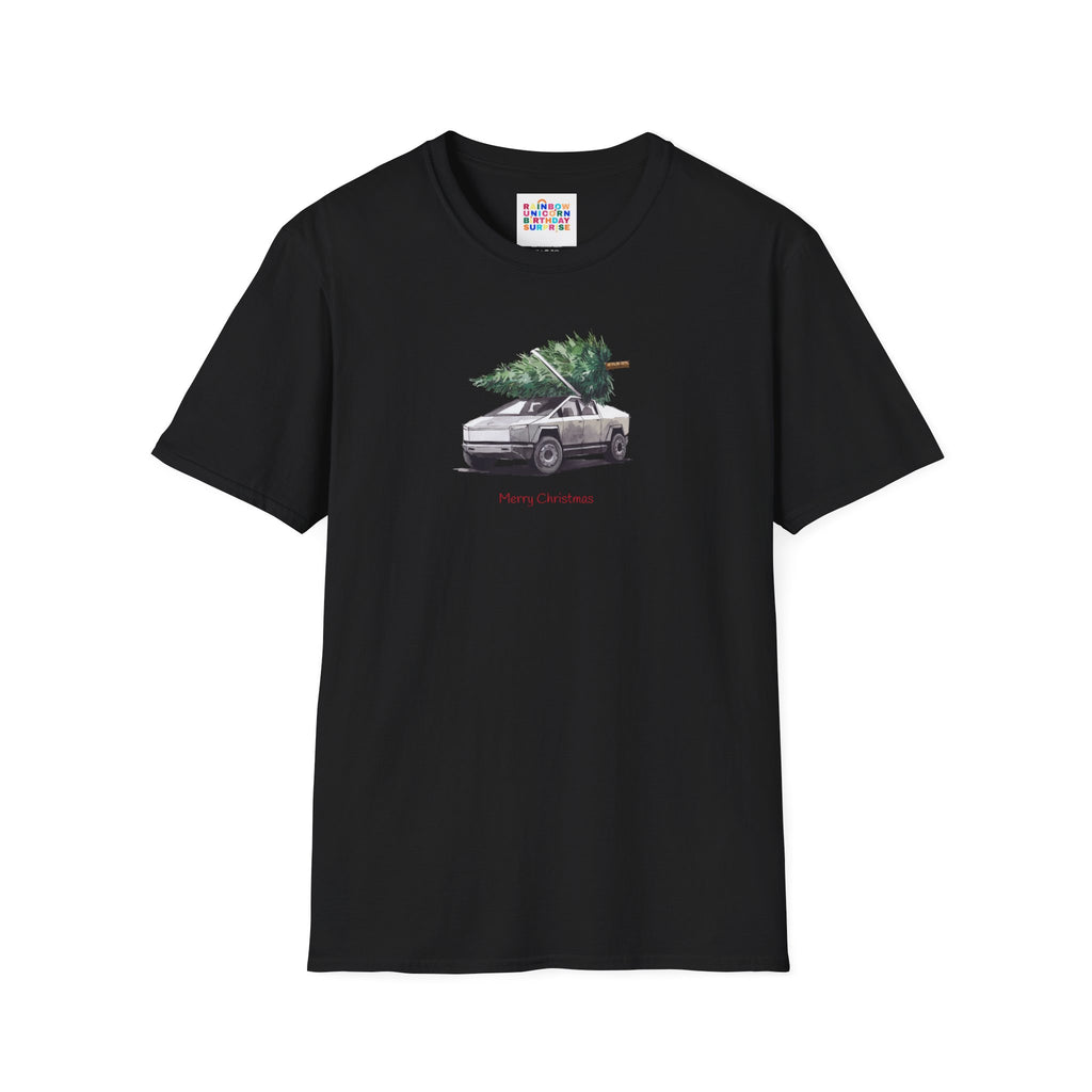 Cybertruck Christmas Tree Hauling Unisex Softstyle T-Shirt – Holiday Tech-Inspired Tee