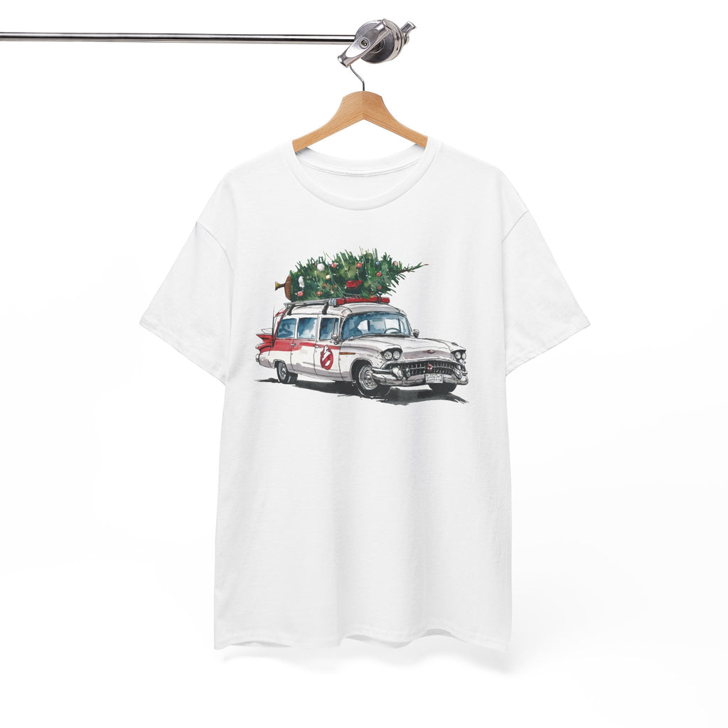 Ghostbusters Christmas Car T-Shirt – Festive Holiday Tee with Ecto-1 and Tree