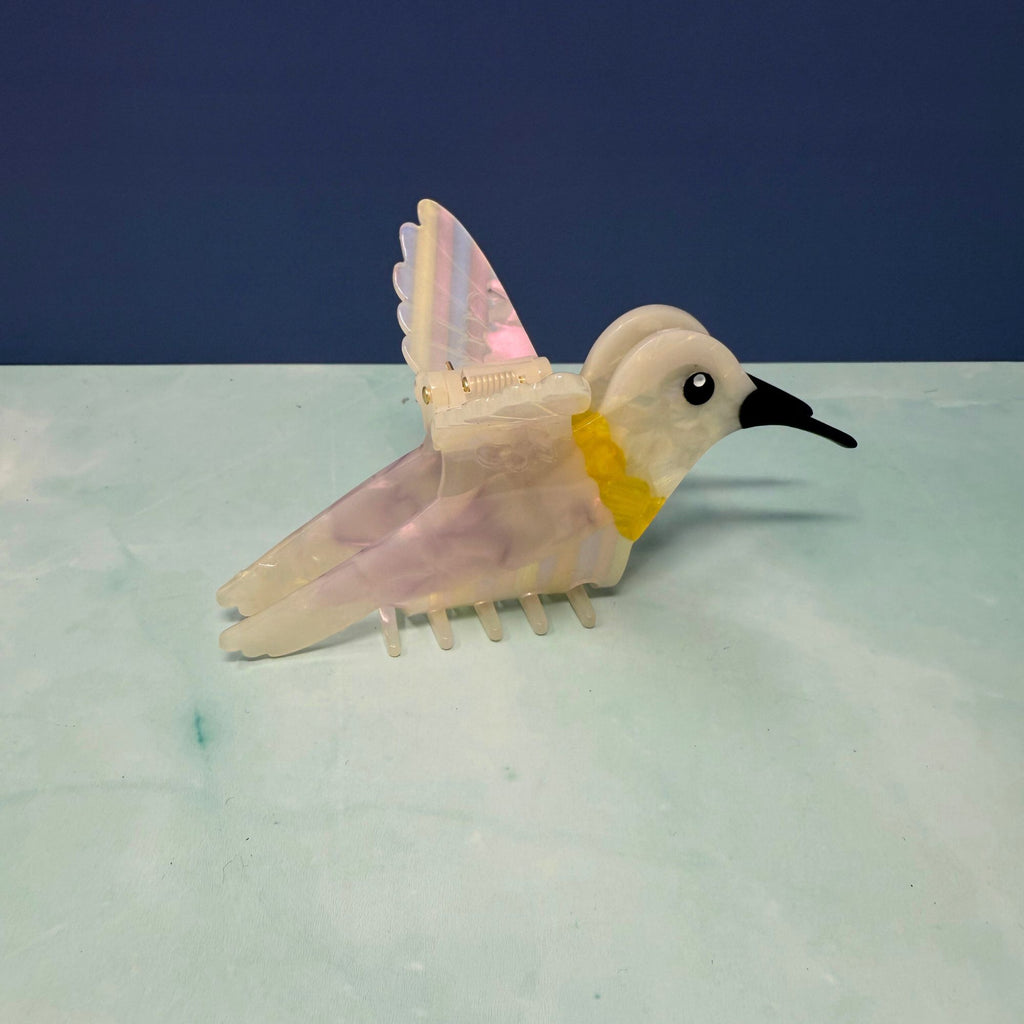 Iridescent pastel hummingbird hair claw with pearly wings