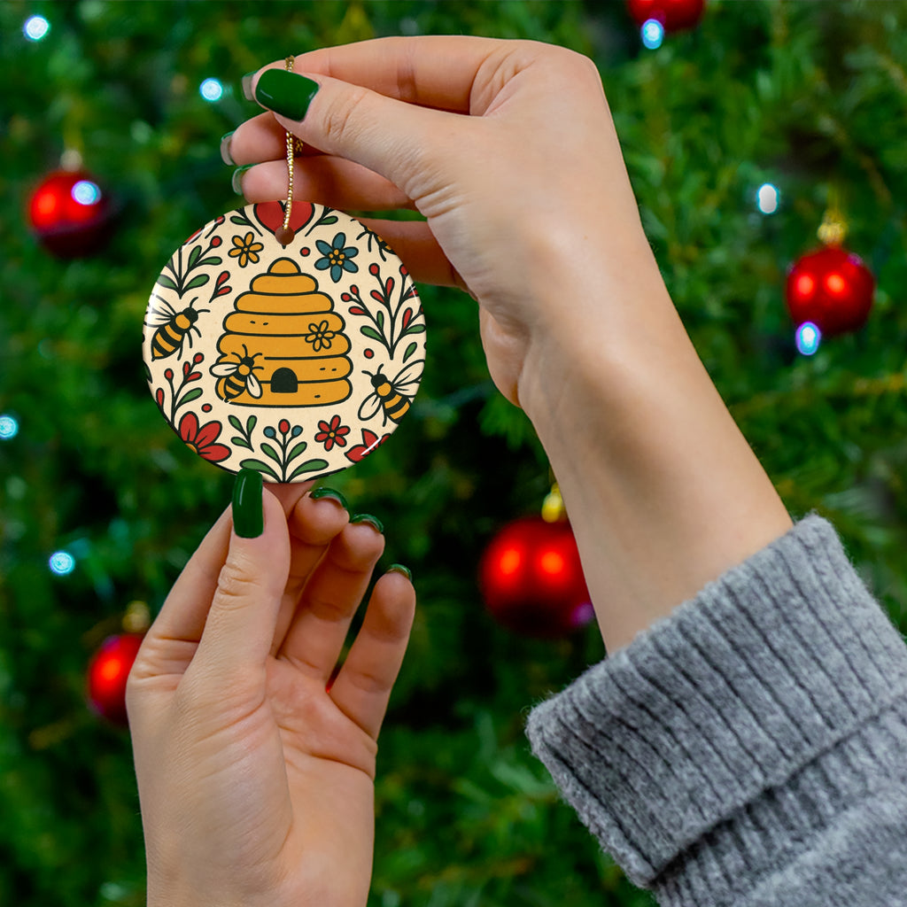 Beehive Ceramic Ornament – Honeybee Folk Art Garden Holiday Décor
