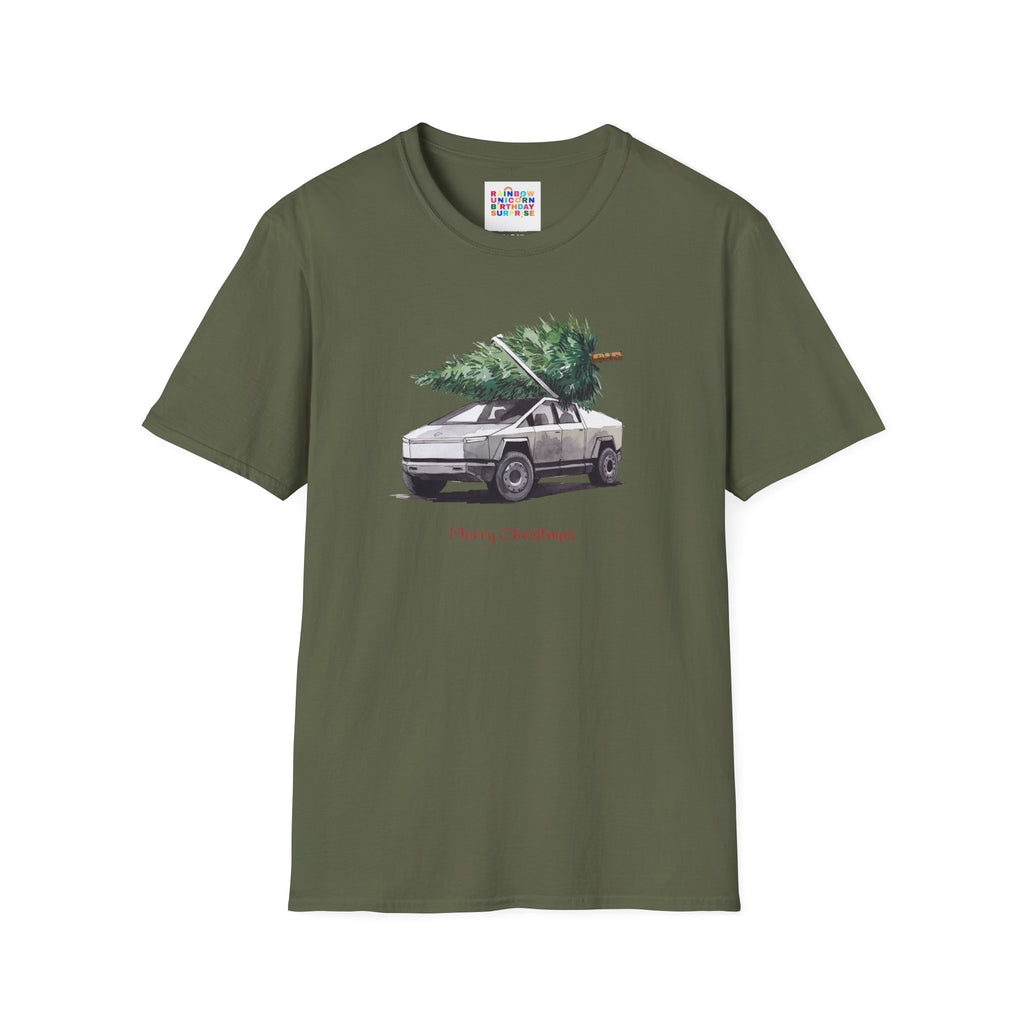 Cybertruck Christmas Tree Hauling Unisex Softstyle T-Shirt – Holiday Tech-Inspired Tee