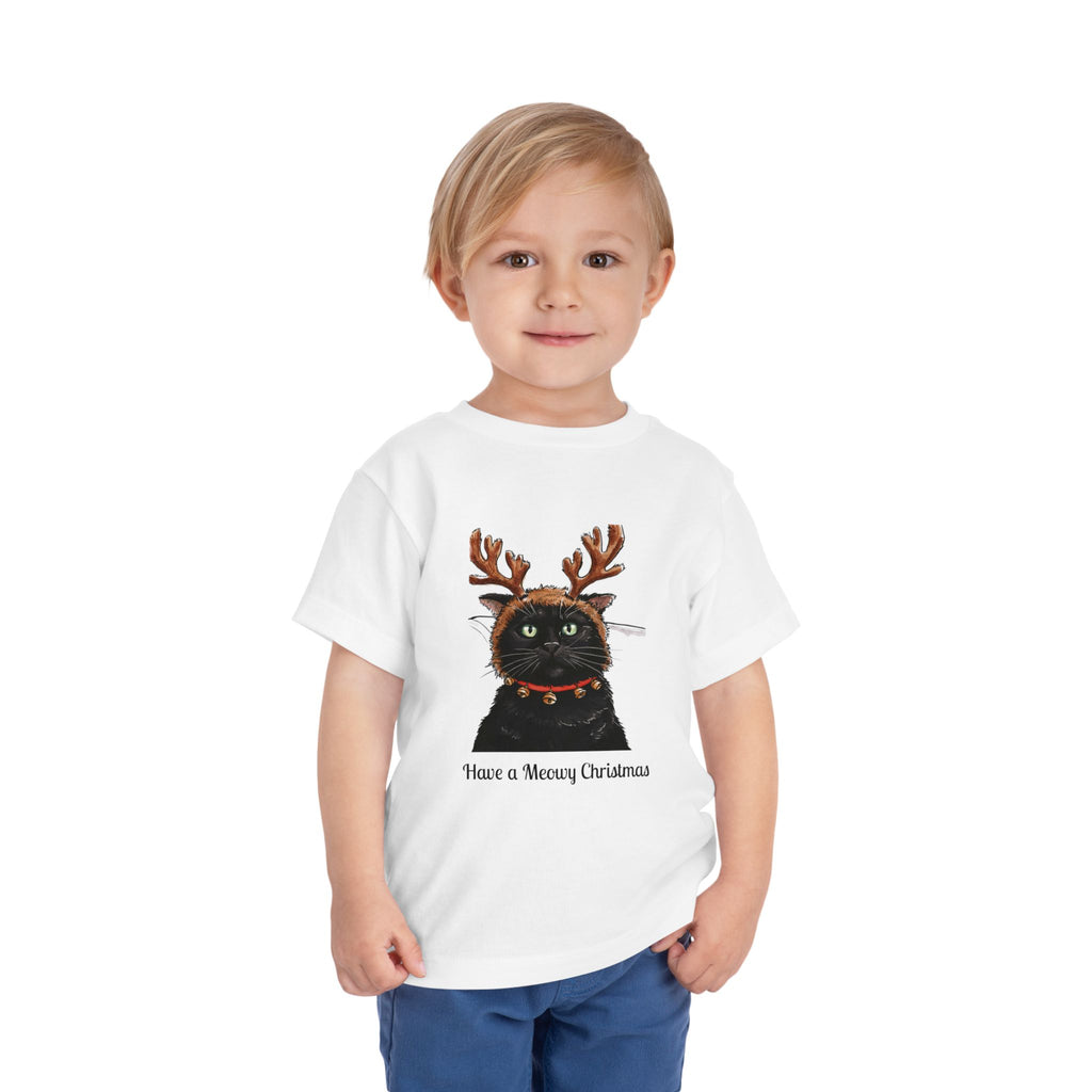 Meowy Christmas Cat Toddler T-Shirt – Festive Holiday Tee with Reindeer Antlers