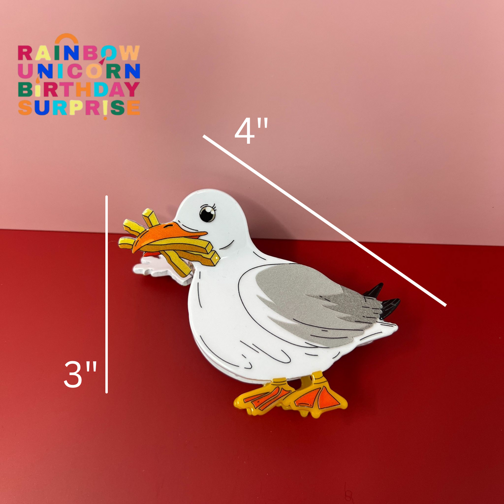 Seagull hair claw clip holding french fries, white and grey acetate design