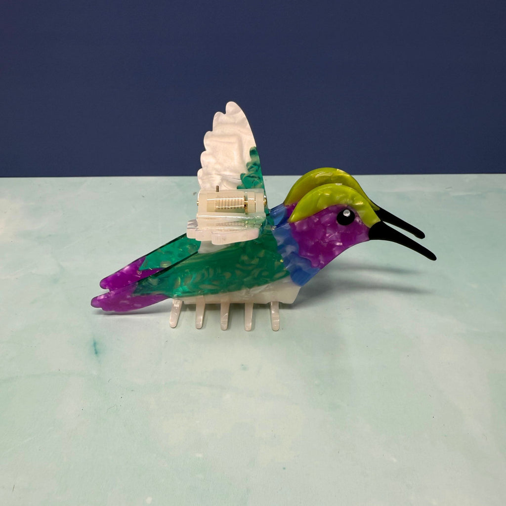 Iridescent pastel hummingbird hair claw with pearly wings