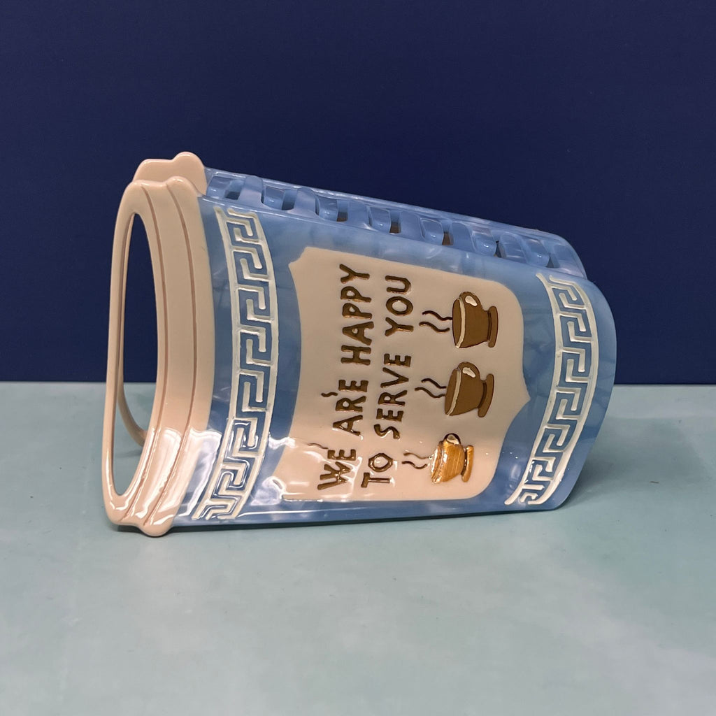 NYC Coffee Cup Hair Claw Clip – “We Are Happy to Serve You” Blue Greek Diner Inspired Accessory