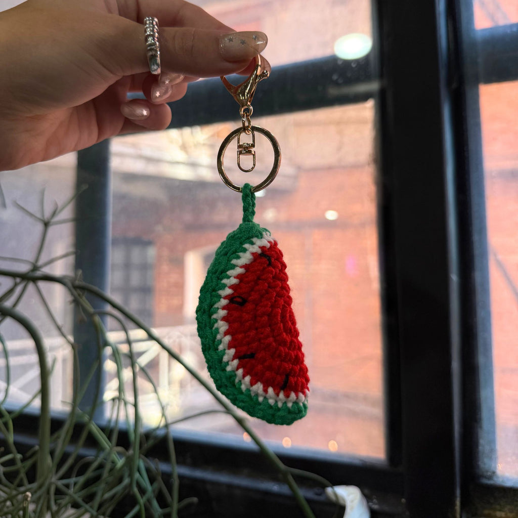 Crochet Watermelon Keychain – Handmade Fruit Charm with Gold Clip for Bags & Backpacks