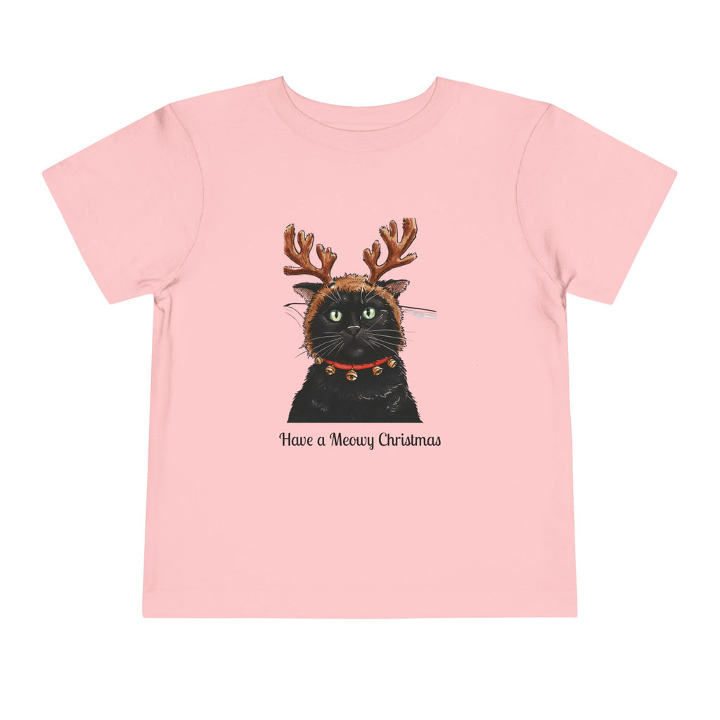 Meowy Christmas Cat Toddler T-Shirt – Festive Holiday Tee with Reindeer Antlers