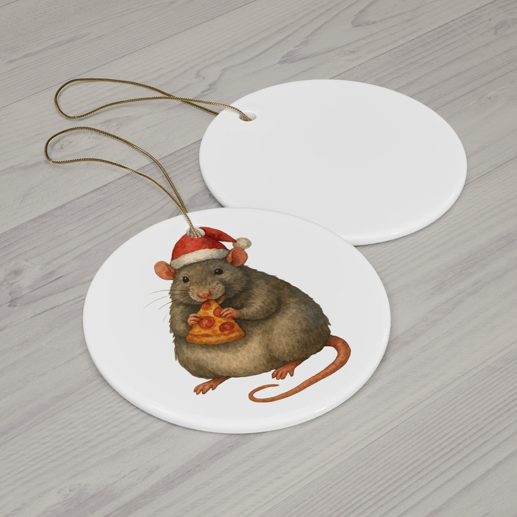 Pizza Rat ceramic Christmas ornament featuring New York City’s iconic rat holding a slice of pizza in holiday design