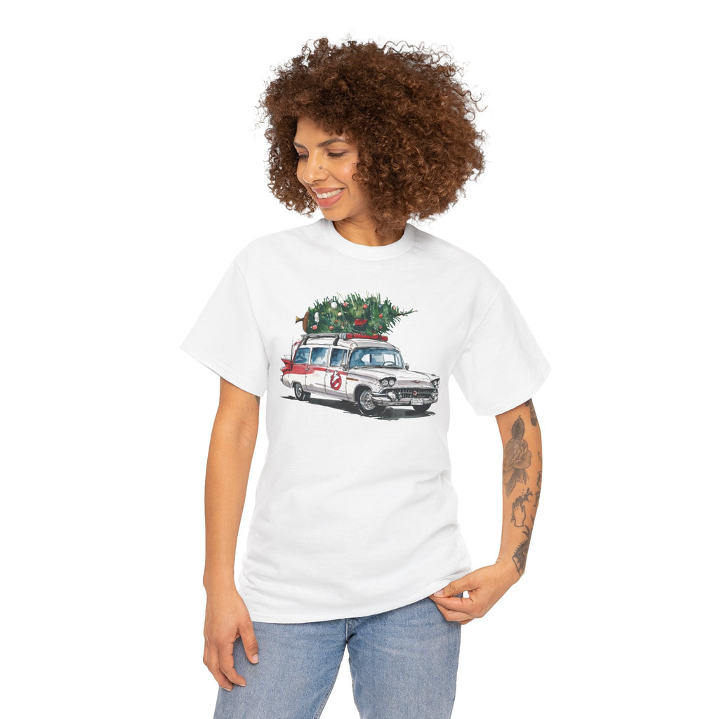 Ghostbusters Christmas Car T-Shirt – Festive Holiday Tee with Ecto-1 and Tree