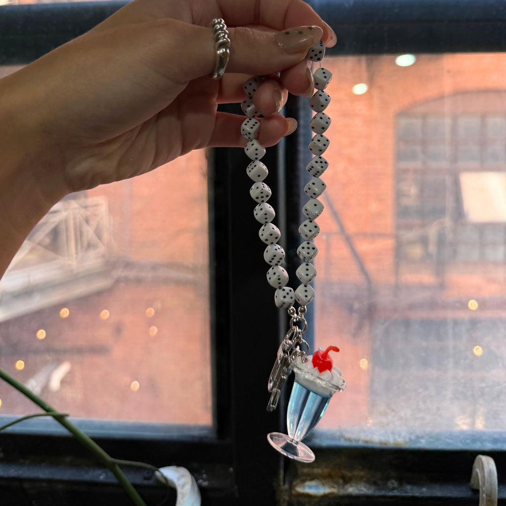 Dice Bead Phone Charm Bracelet – Retro Cell Phone Strap with Blue Milkshake Keychain
