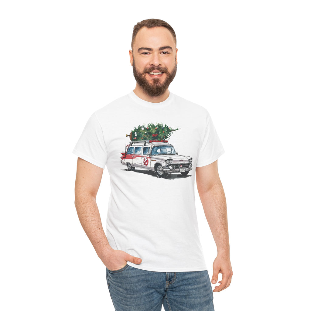 Ghostbusters Christmas Car T-Shirt – Festive Holiday Tee with Ecto-1 and Tree