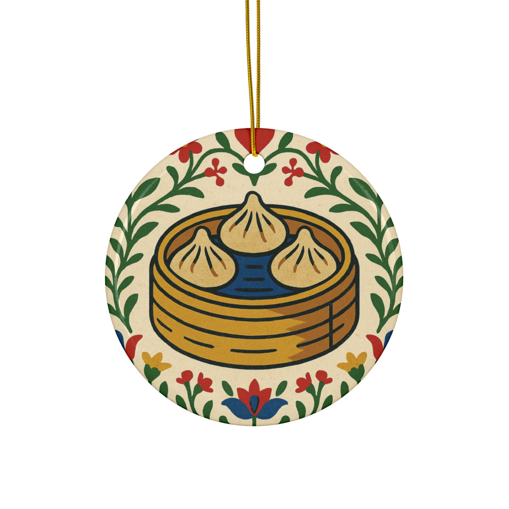 Ceramic ornament with soup dumpling design and folk floral border