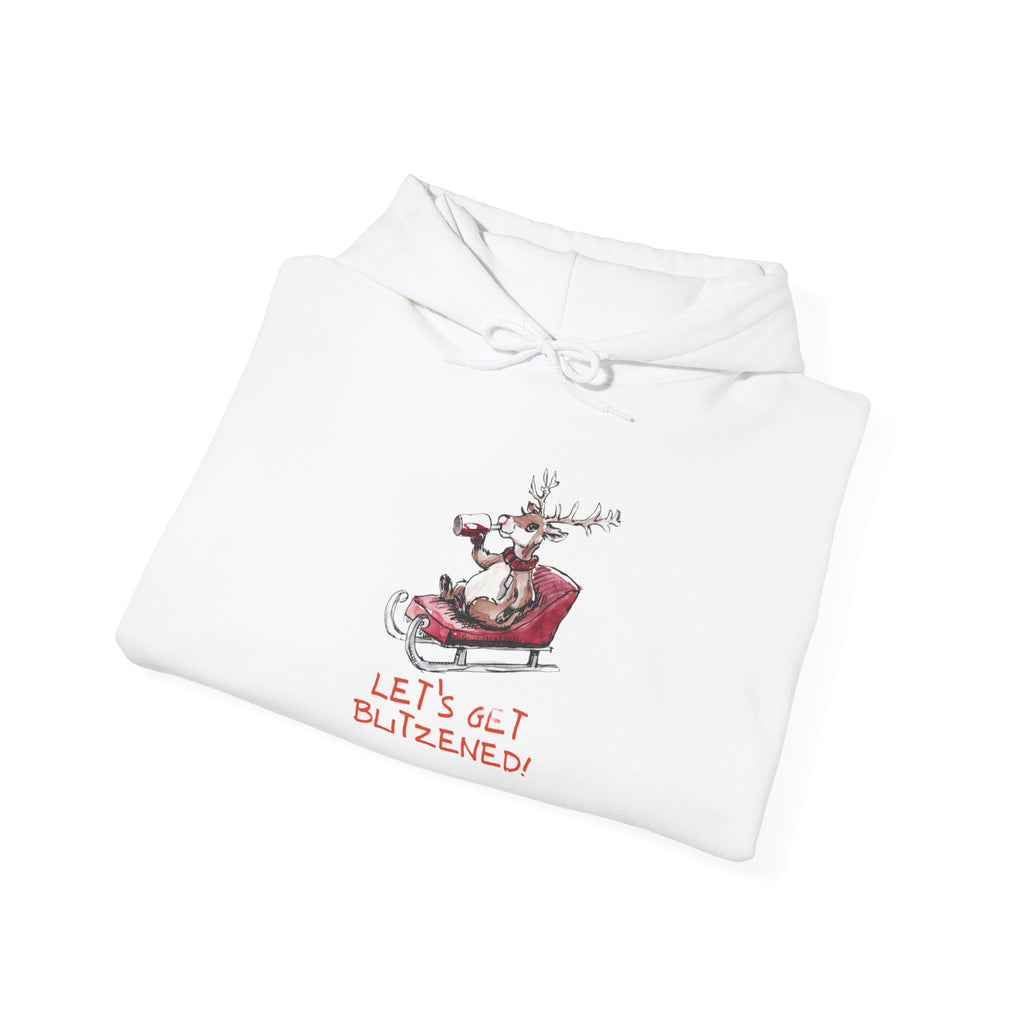 Let’s Get Blitzened Reindeer Holiday Hoodie – Funny Christmas Sweatshirt with Wine & Sled"